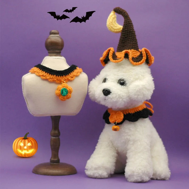 Halloween hand crocheted pet collar adjustable for cats and dogs in Silent Pumpkin or Bell Pumpkin colours, wool material with casual style for S/M/L/XL sizes covering neck measurements 15-40cm.