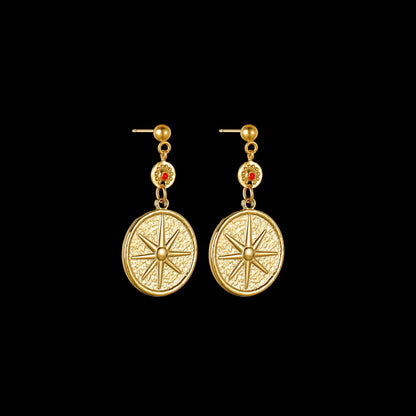 Stainless steel geometric earrings in three design options: Eight Awn Star, Eye, and Shell Sun styles