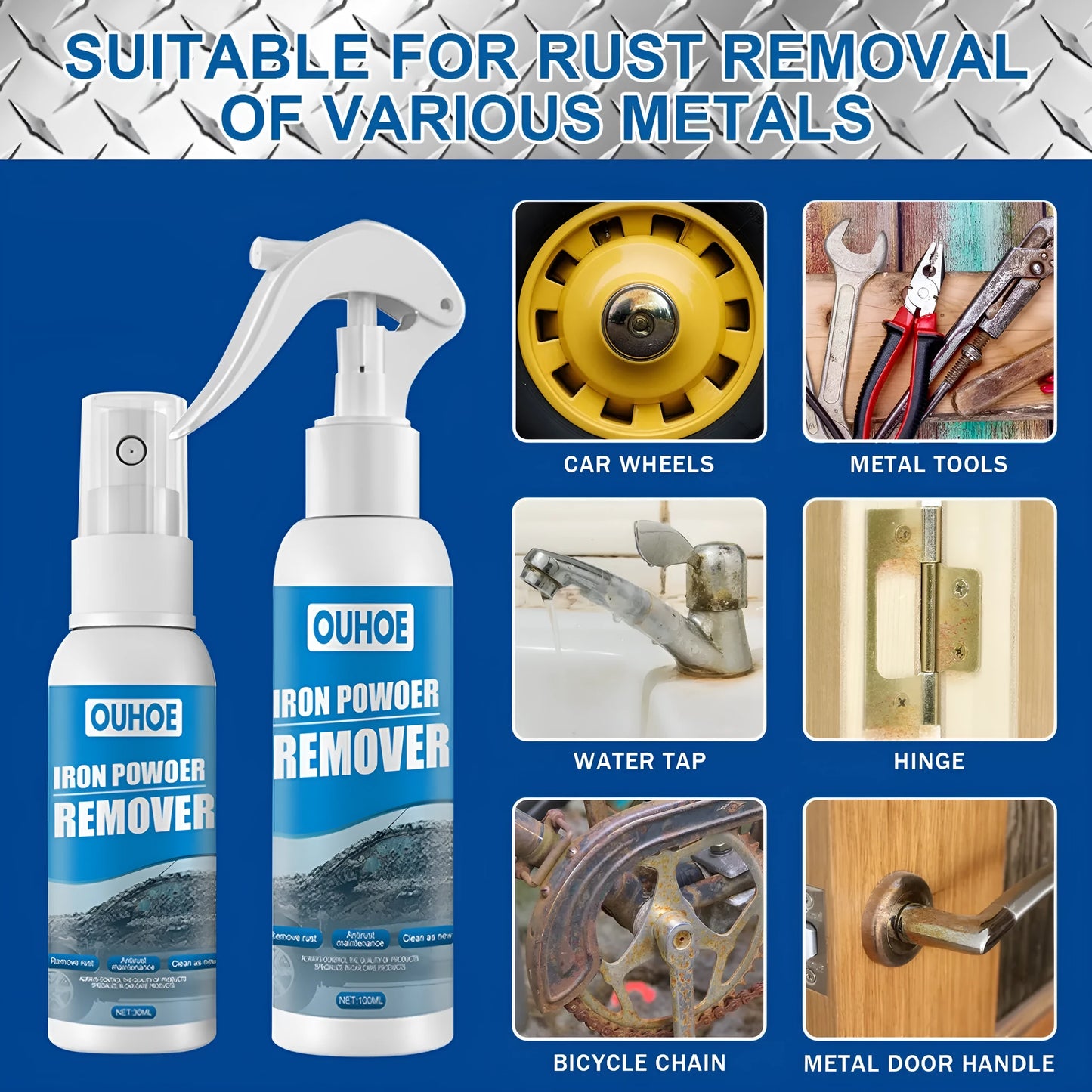 Blue square sponge and spray bottle of car iron powder rust remover