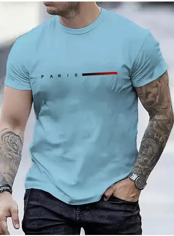Men's slim-fit 3D printed graphic T-shirt on a hanger showing short sleeves.