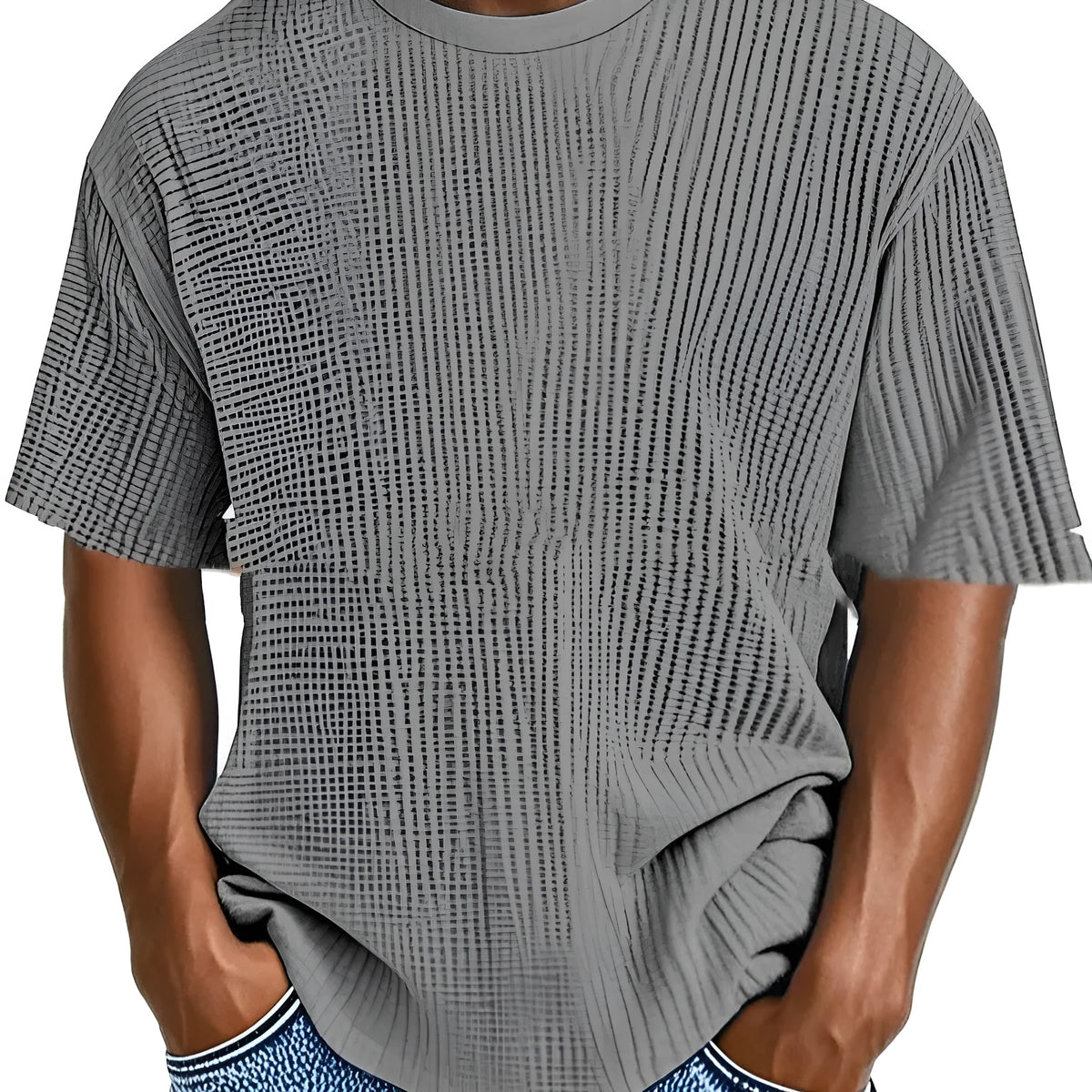 Man wearing a light blue waffle-textured cotton blend short sleeve t-shirt, casual pullover style.