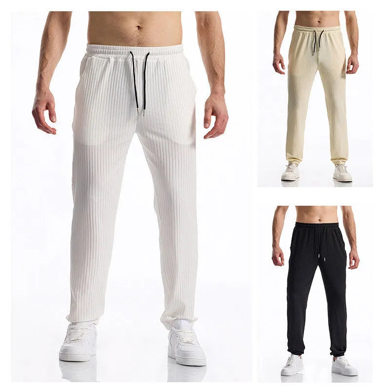 Silky rib fabric baggy straight trousers with drawstring waistband in black, white or khaki colours