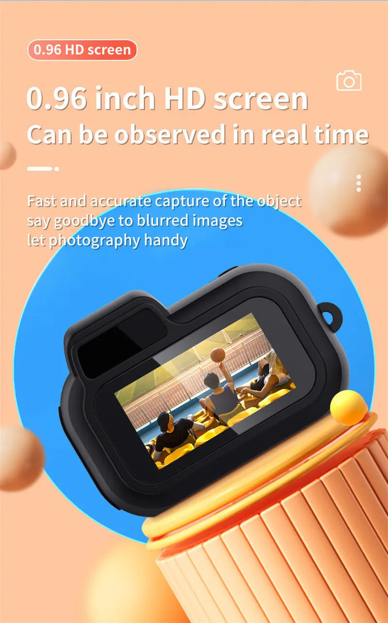 Black retro-style mini camera with display screen for 1080p HD video recording