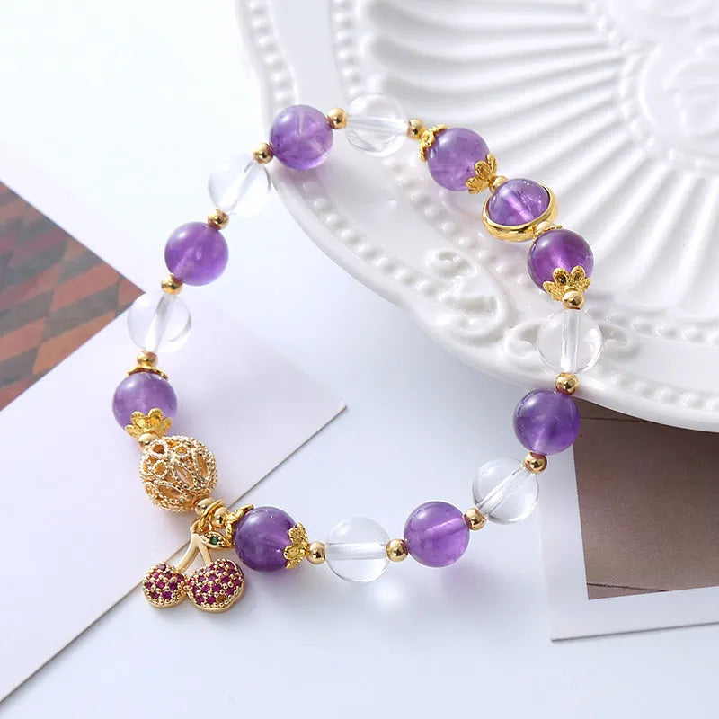 Purple crystal bracelet with micro-inlaid amethyst details and cherry flower design for women