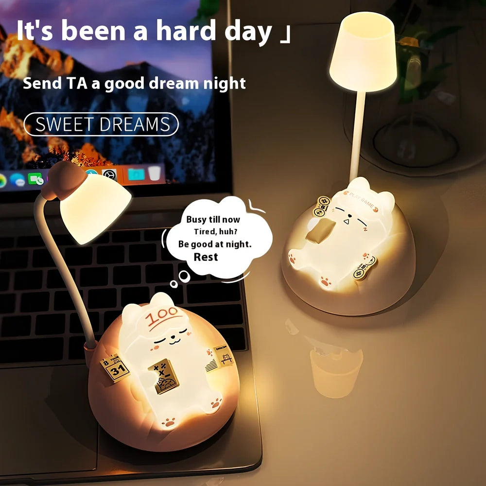 Sleeping cat shaped night lamp with USB charging port and soft LED illumination