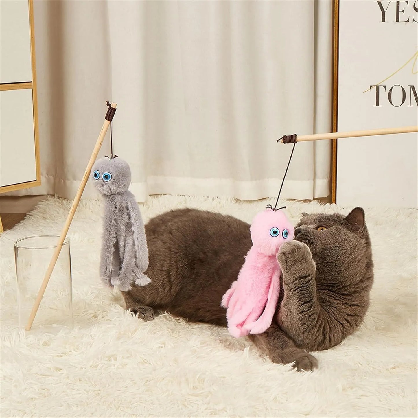 Long stick cat toy with furry octopus attachment and eyes in assorted colours