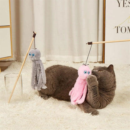 Long stick cat toy with furry octopus attachment and eyes in assorted colours
