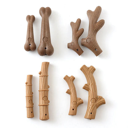 Small dog chew toy with teeth cleaning features in antler, bone, bamboo, and branch designs