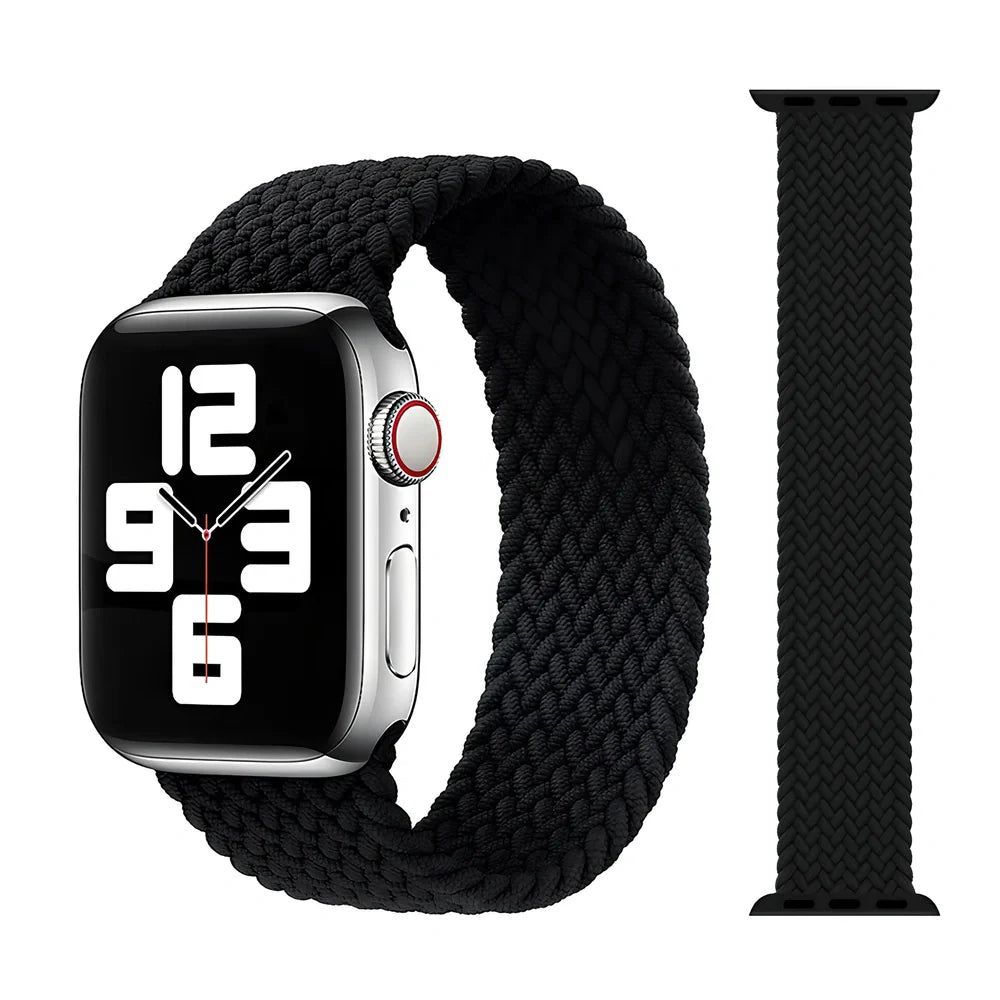 Apple Watch with elastic braided nylon strap in single-loop design showing stretch capability