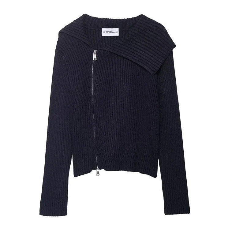 Women's ribbed knitted jacket with contrast stripes and zipper closure in regular 50cm length