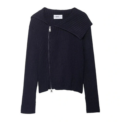 Women's ribbed knitted jacket with contrast stripes and zipper closure in regular 50cm length