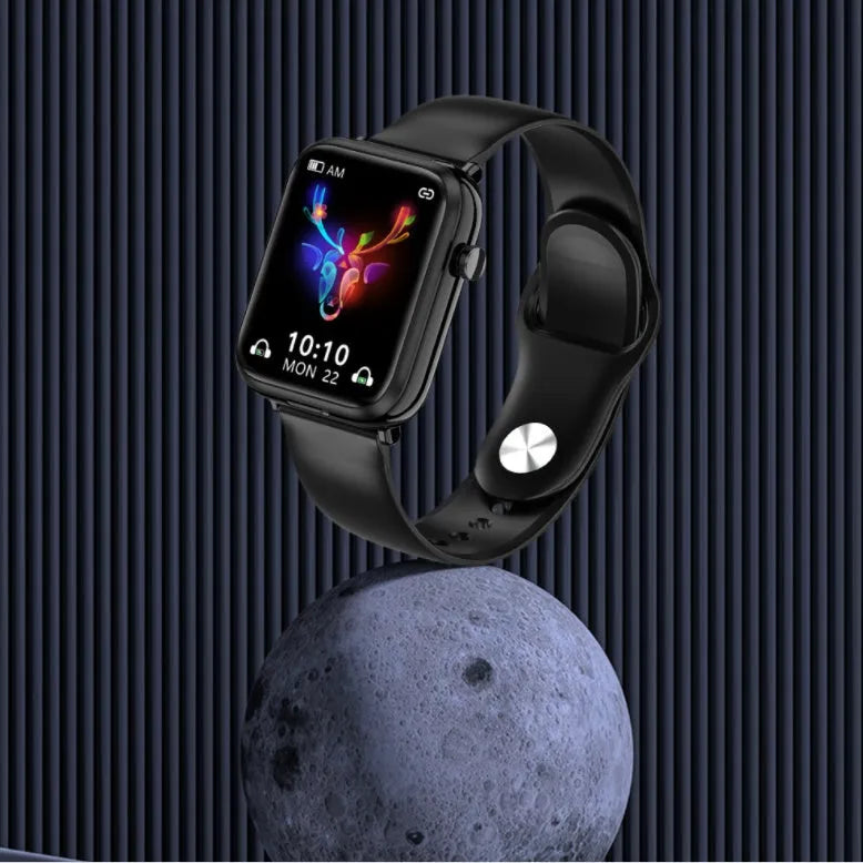 Black smart Bluetooth headset watch with 1.69-inch touch screen showing heart rate and exercise data