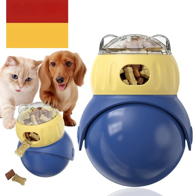 Yellow and blue Tumbler Owl cat puzzle feeder with dual food compartments and weighted base