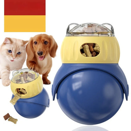 Yellow and blue Tumbler Owl cat puzzle feeder with dual food compartments and weighted base