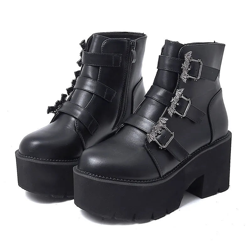 Black Harajuku punk bat buckle gothic short boots with side zipper, thick heel, and round toe