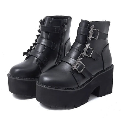 Black Harajuku punk bat buckle gothic short boots with side zipper, thick heel, and round toe