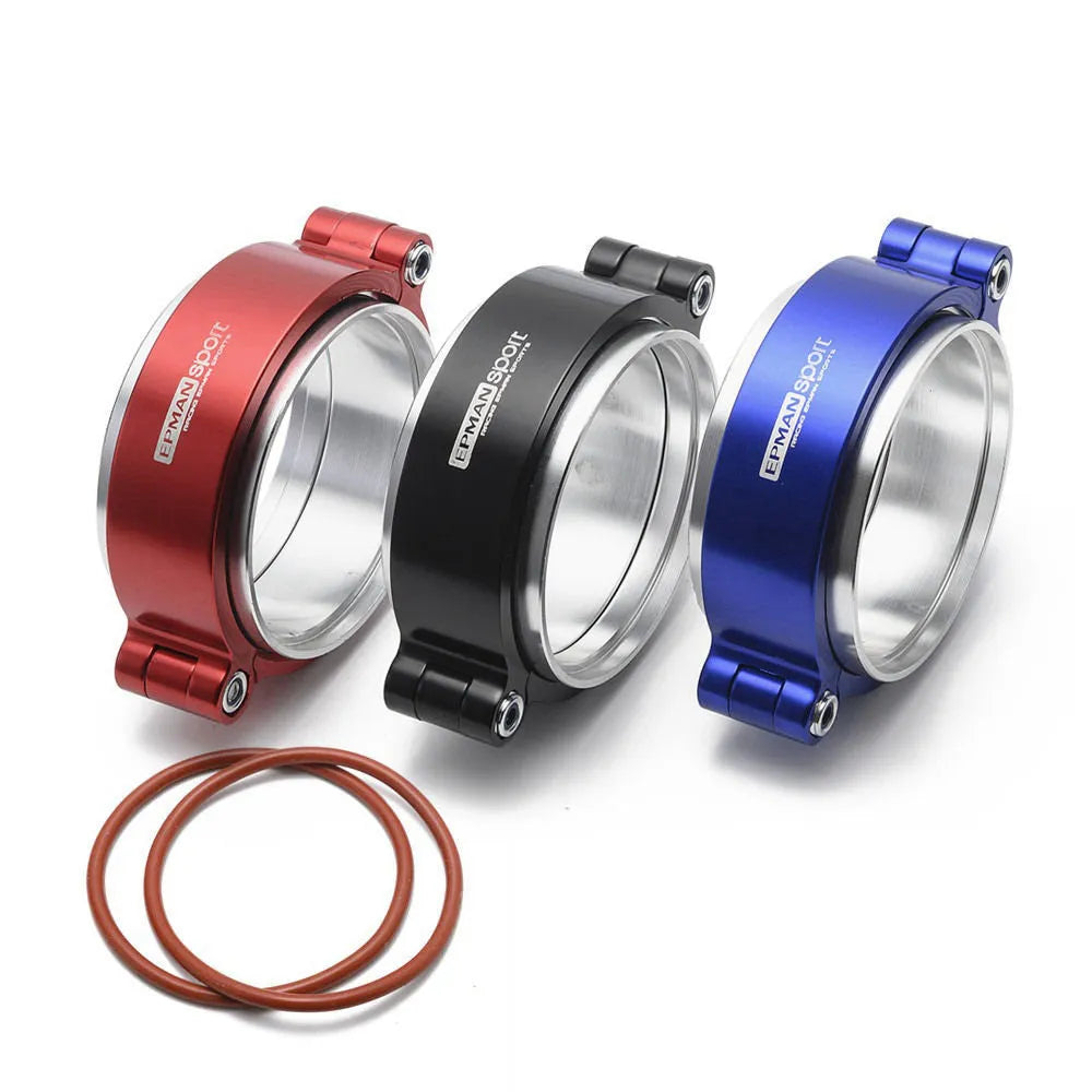 Aluminium fixed movement clamp for turbine exhaust downspouts in black, blue, or red colours showing 800psi pressure rating