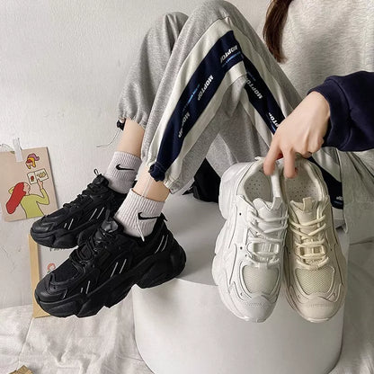 Korean Fashion Platform Sneakers in white, black, and beige with breathable PU upper