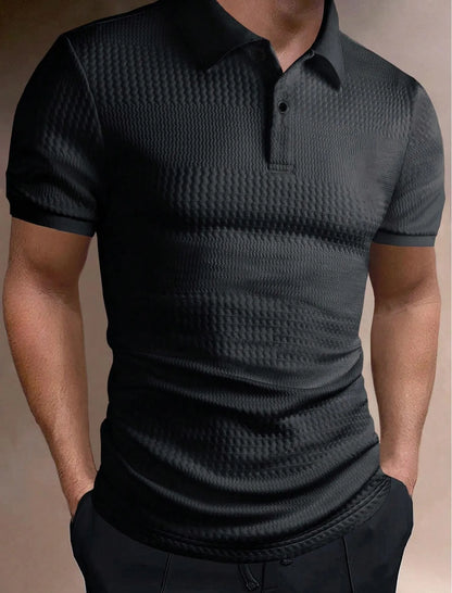 Man wearing a striped loose-fit polo shirt in light blue, showing short sleeves and asymmetric detail.