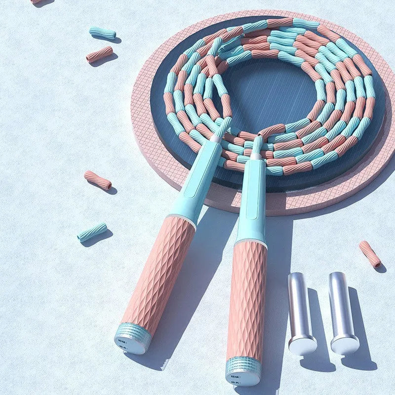 Children's bamboo bead skipping rope in blue colour showing soft beads and 2.8 metre length