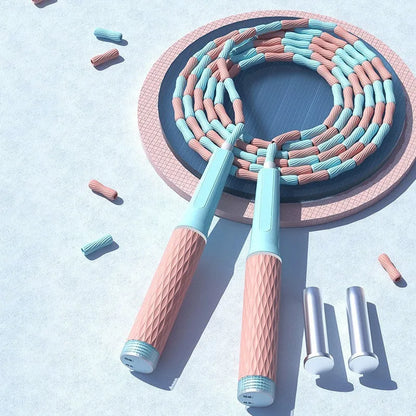 Children's bamboo bead skipping rope in blue colour showing soft beads and 2.8 metre length