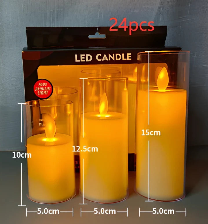 Electric candle lamp with LED flame simulation in cup design, available in 5.5cm and 7.5cm sizes
