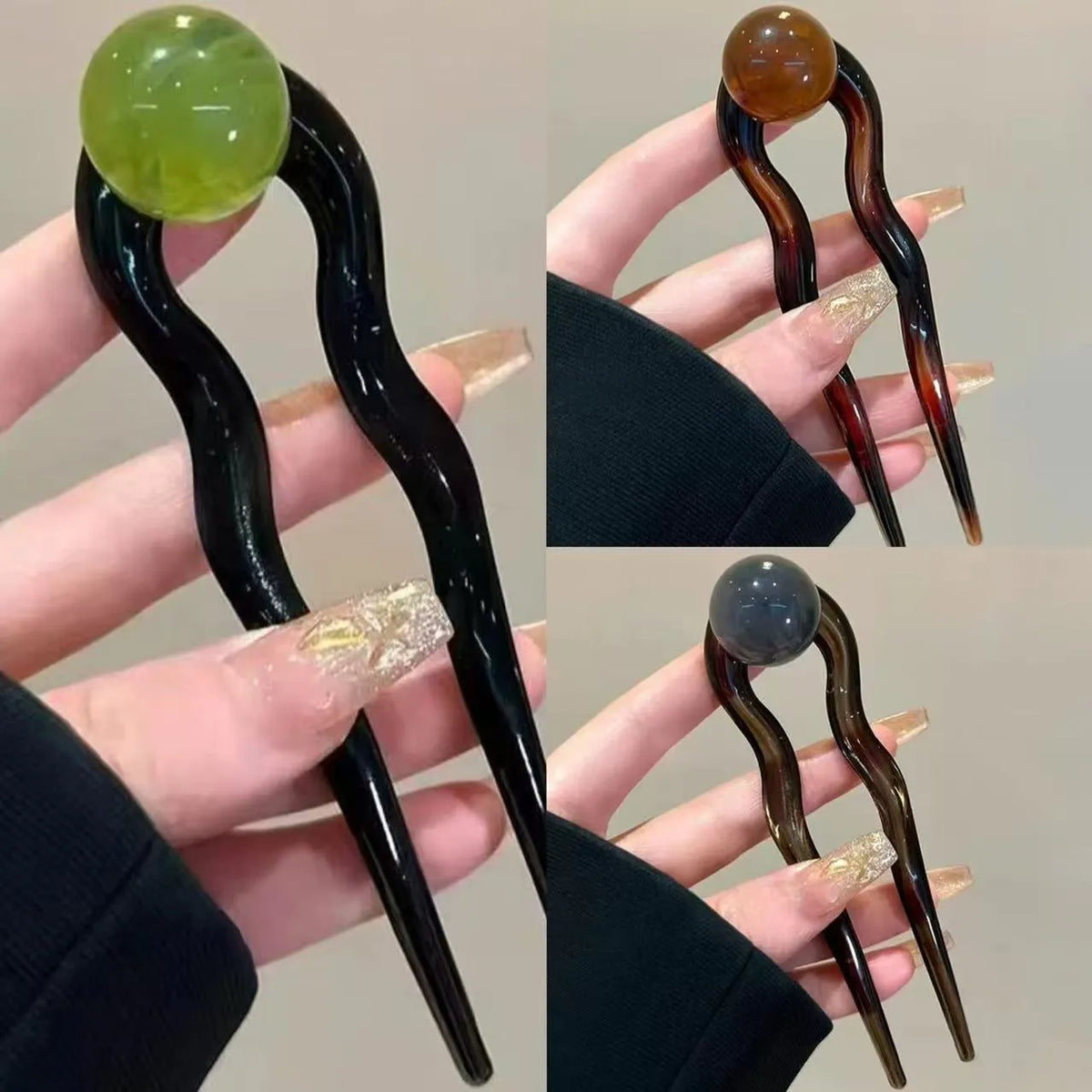 Acrylic U-shaped hair barrette with retro ball design in caramel colour