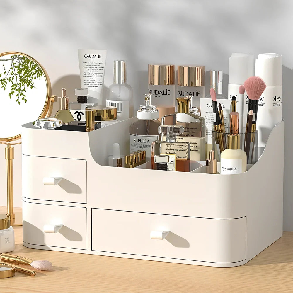 Rectangular toiletries organiser in white with Nordic design on wooden desktop