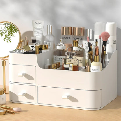 Rectangular toiletries organiser in white with Nordic design on wooden desktop