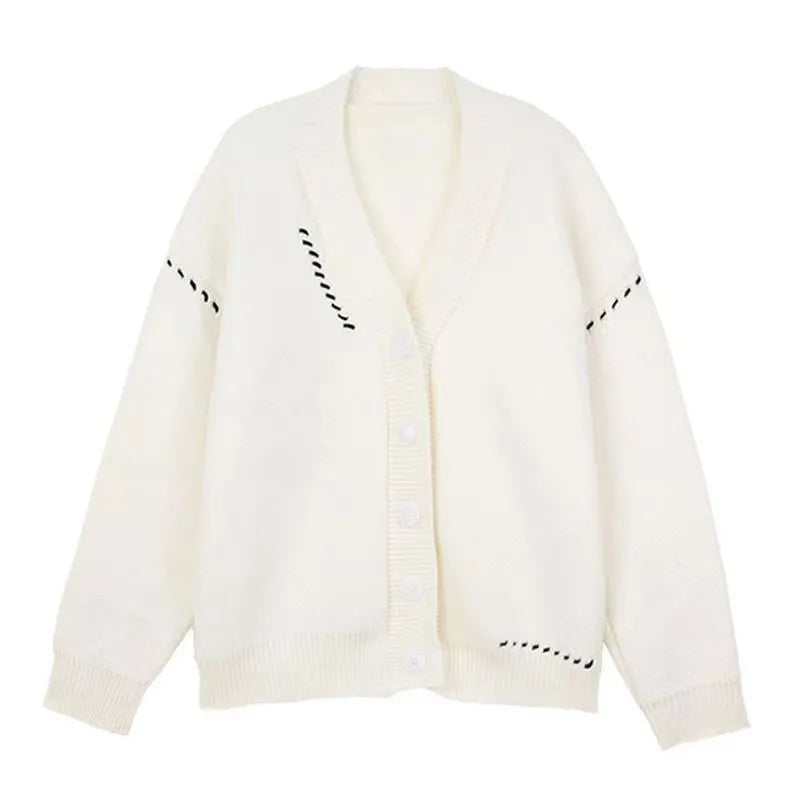 Women's knitted cardigan top coat in black or white, loose fit with long sleeves, made from 100% polyester