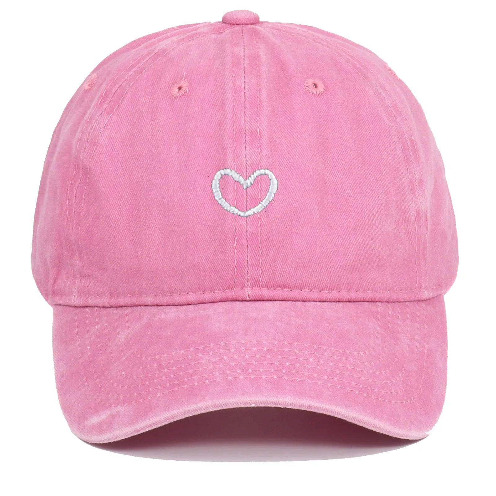 Adjustable cotton baseball cap with embroidered retro love design in various colours.