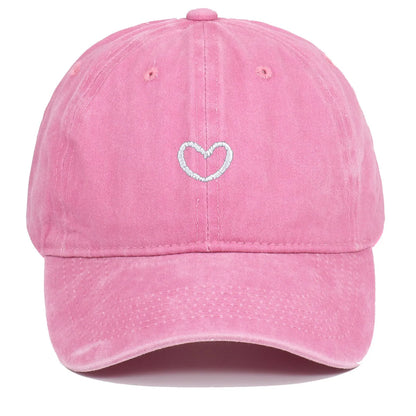 Adjustable cotton baseball cap with embroidered retro love design in various colours.