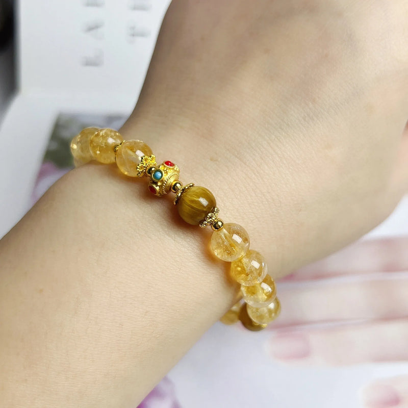 Citrine Bracelet for Women with Handmade Flower Tassel - Crystal Bead Jewellery for Everyday Wear and Travel Commemoration Gifts - Original Design Unisex Accessory