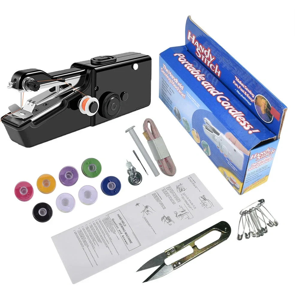 Black handheld electric sewing machine with ruler, scissors, and thread coils on white background