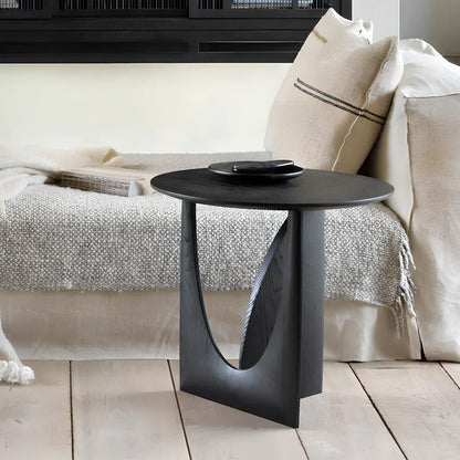 Round solid wood side table with geometric base in walnut, log, or ash black finish