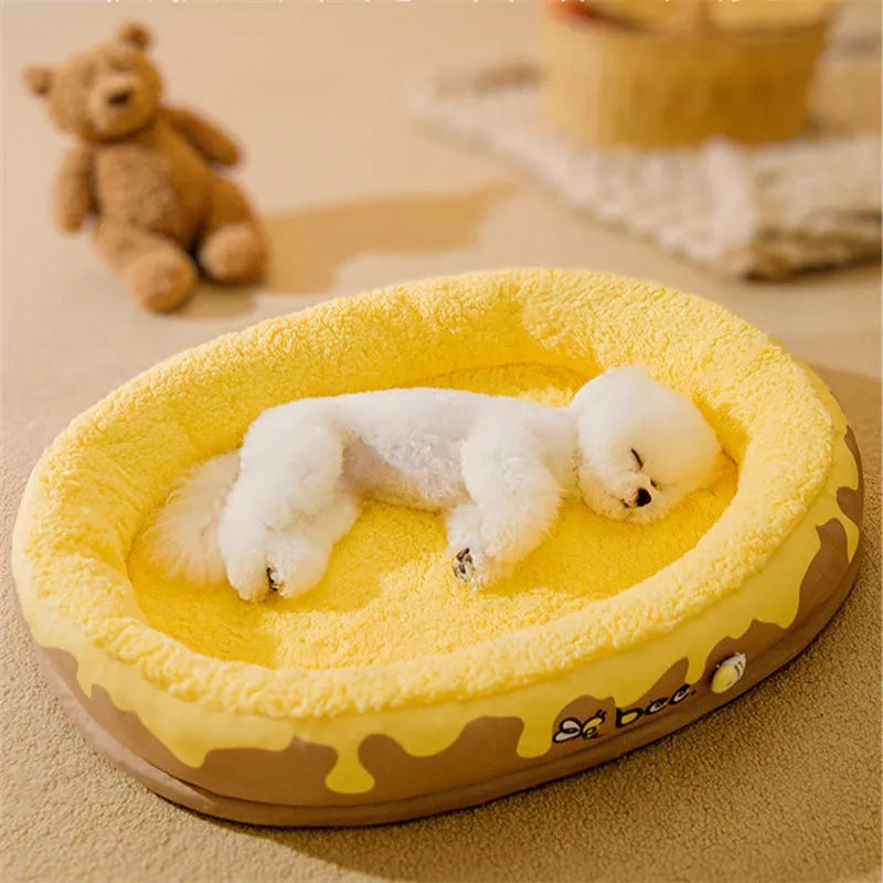 Grey detachable dog cat bed with thick velvet lining shown in S M L XL sizes