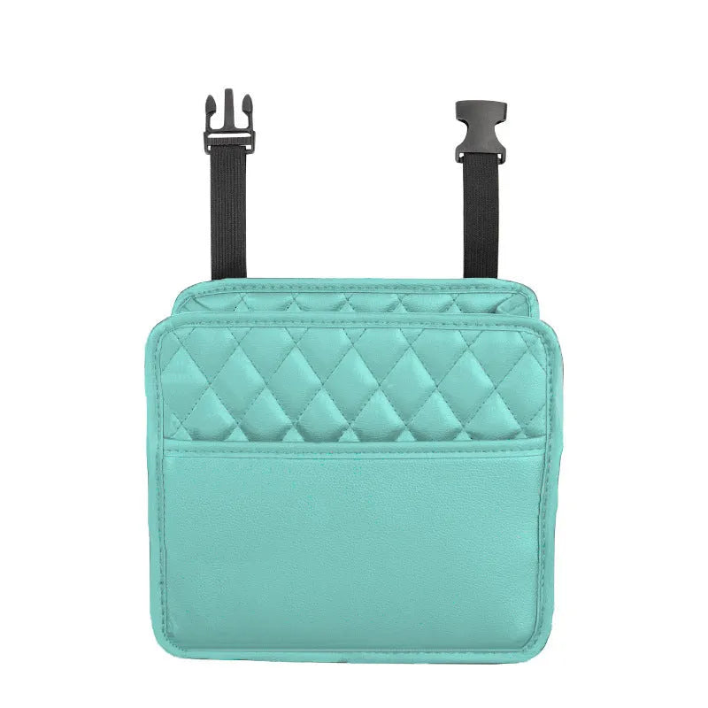 Leather car interior hanging storage bag organiser in black colour measuring 25x25x8 cm