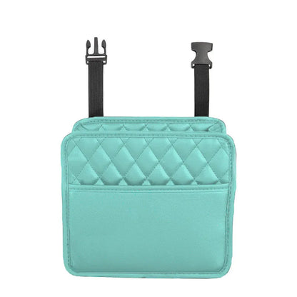 Leather car interior hanging storage bag organiser in black colour measuring 25x25x8 cm