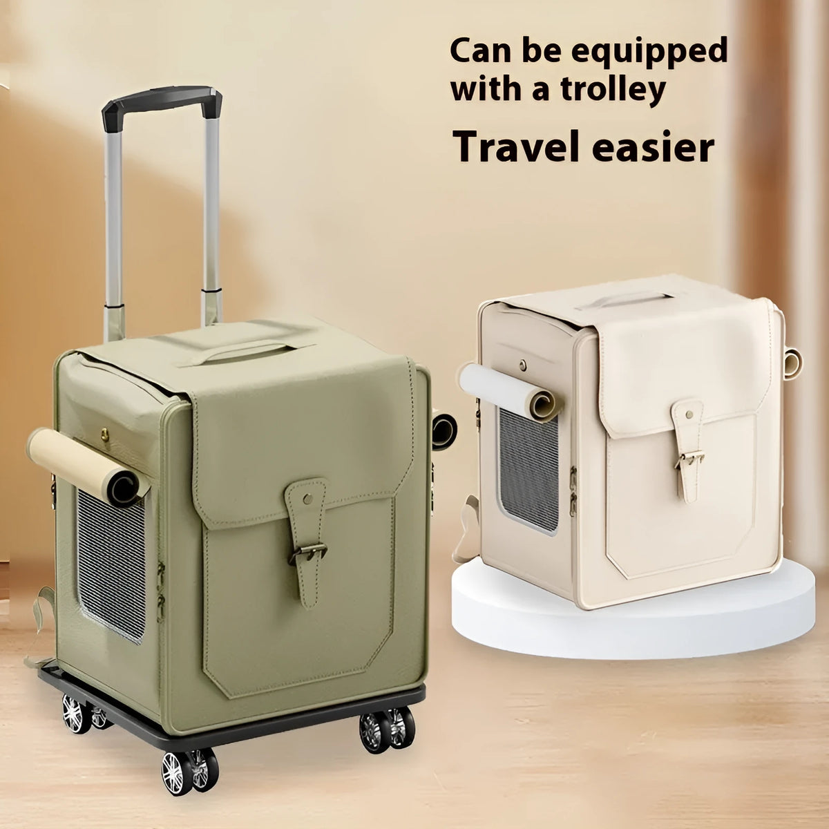 Foldable large capacity cat carrier bag in hard PU, shown in milky white or army green with optional pull rod