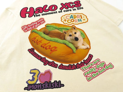 Cartoon hamburger dog printed cotton T-shirt in loose fit with short sleeves