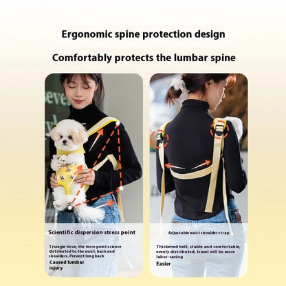 Canvas cat carrier backpack with animal bear print and ribbon trim for small pets.