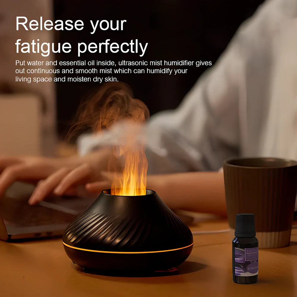 Black RGB flame aroma diffuser with colourful lighting effects and water mist emission