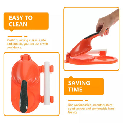 3-in-1 dumpling maker with ergonomic handle in pink, orange, white, and green