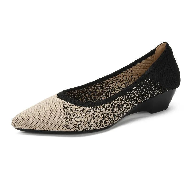 Women's leopard brown flyknit mesh pointed toe wedge pumps with a low rubber sole.