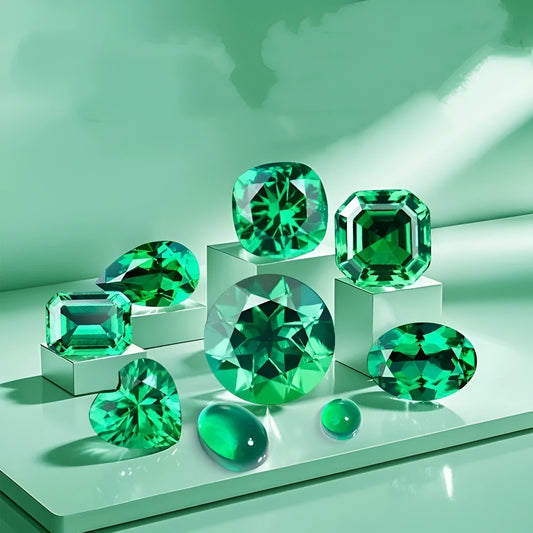 Columbia green cultivated emerald gemstones showing multiple cut options including round, heart, and princess shapes
