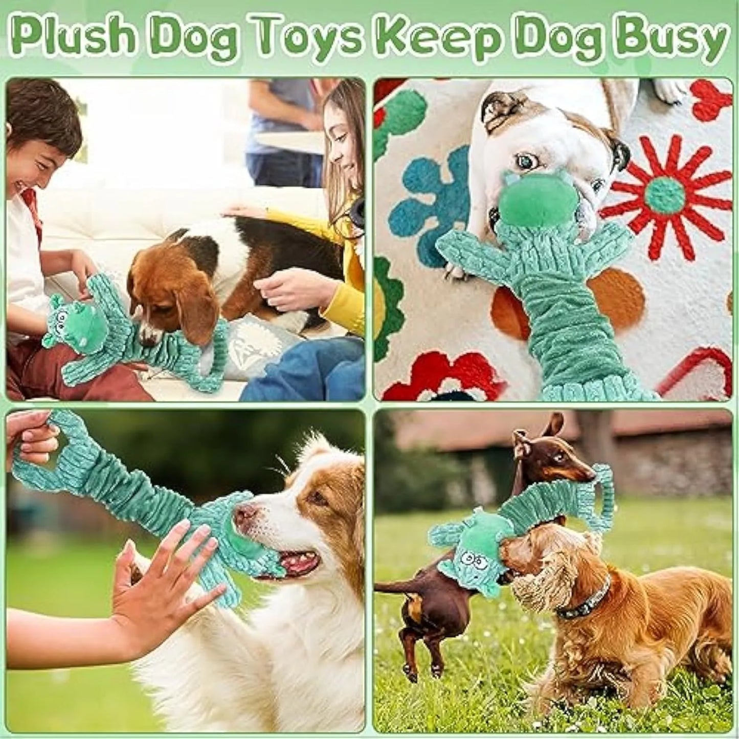 Large plush squeaky dog toy with telescopic body, crinkle paper, and handle for tug-of-war play