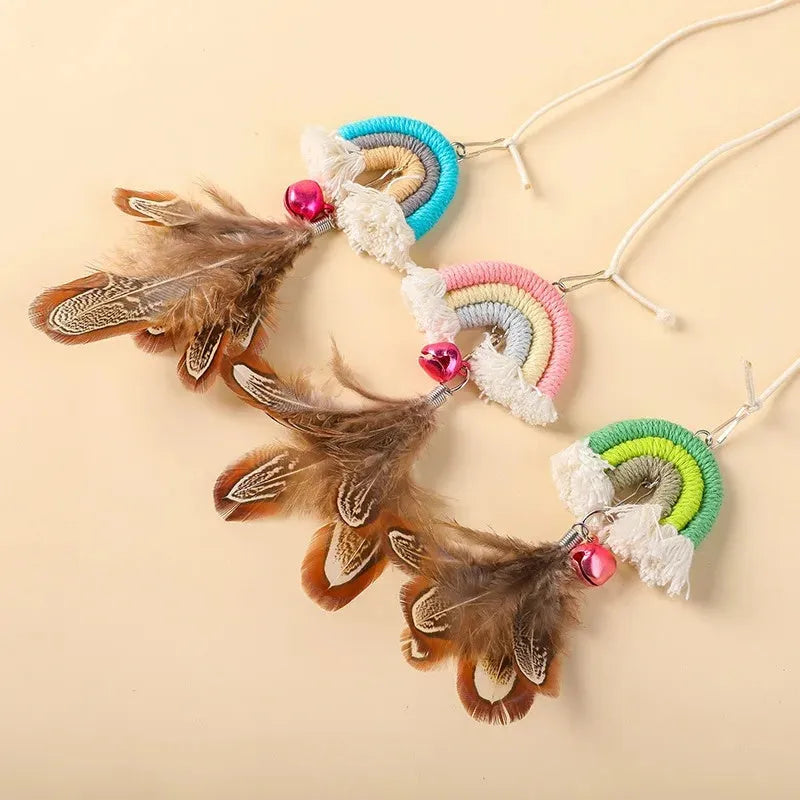 Feather cat rope hanging door toy with elastic swing and sticky buckle clamp in blue, green, or pink colours