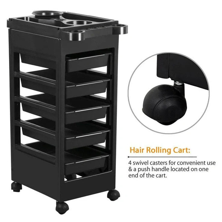 Black 6-layer hair salon tool car with plastic construction and wheels for mobile storage