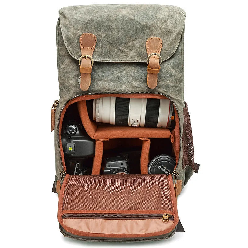 Canvas DSLR camera backpack in khaki colour with anti-theft anti-seismic features