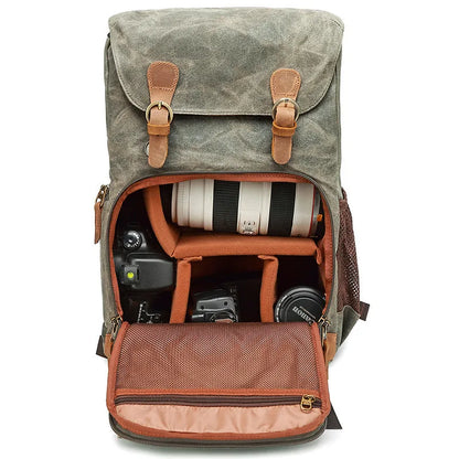 Canvas DSLR camera backpack in khaki colour with anti-theft anti-seismic features